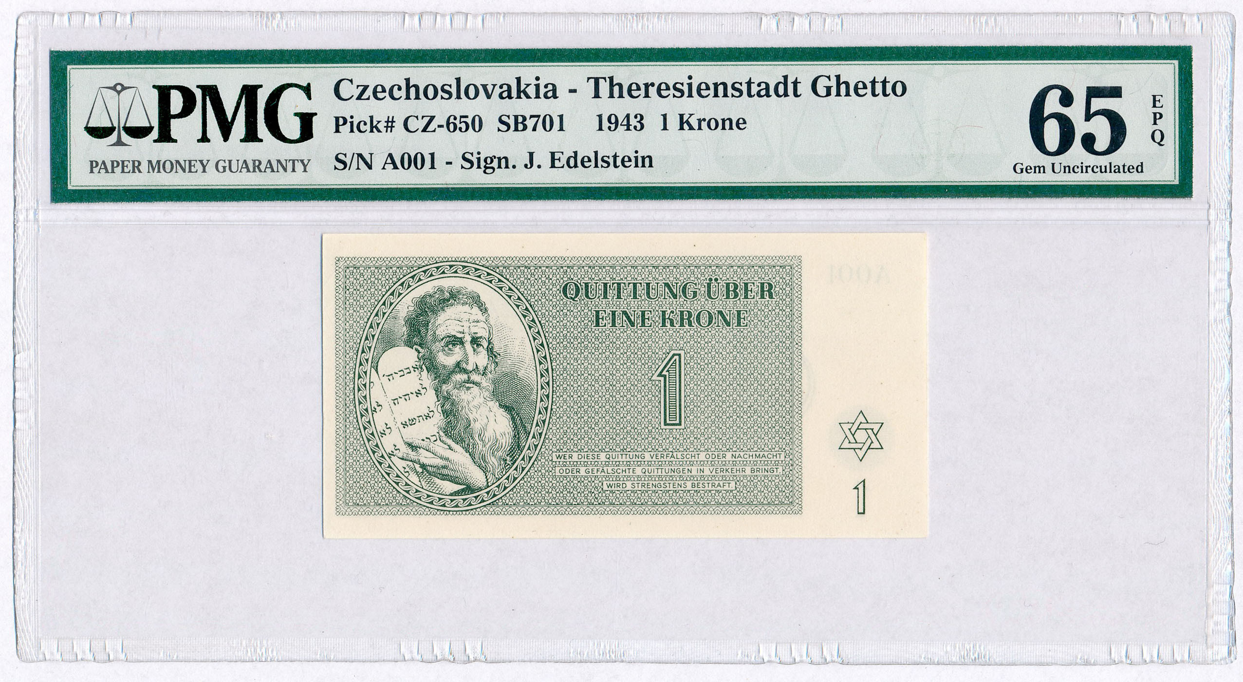 Czechosłowacja, Getto Terezin. 1 korona 1943 PMG 65 EPQ